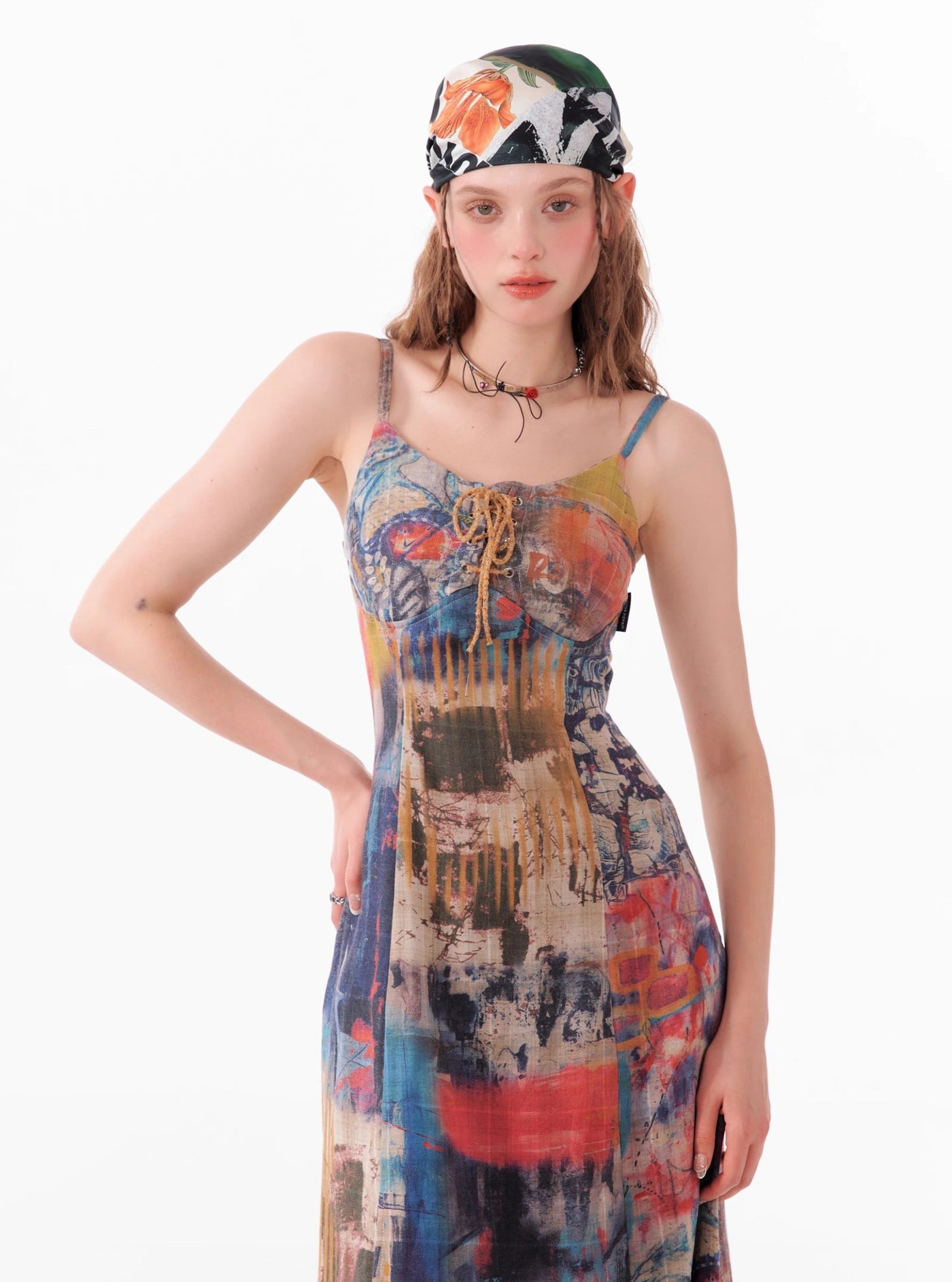 American Style Waist Irregular Graffiti Print Suspender Dress ZIZ0112