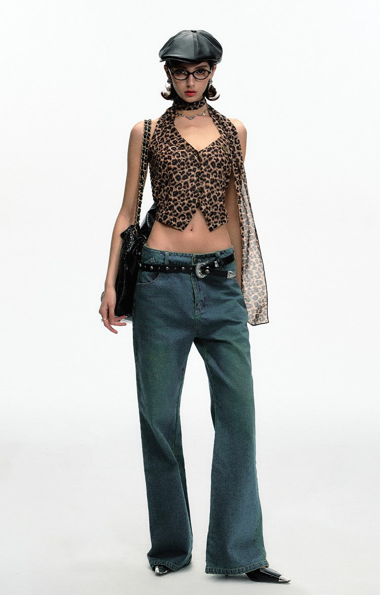 Leopard Print Metal Label Versatile Irregular Halter Neck Vest DPR0054