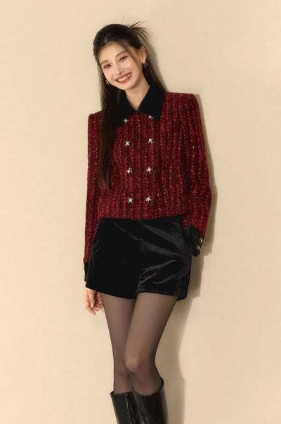 French Court Vintage Little Fragrance Double-breasted Wool Red Short Jacket OSH0097