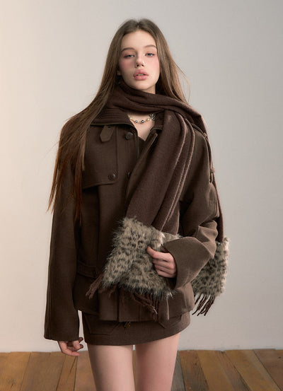 Brown High-neck Patchwork Wool Coat VIA0346