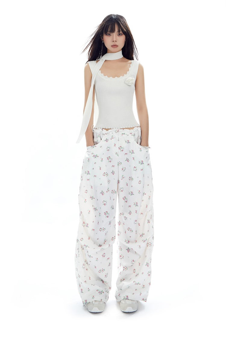 Floral Drawstring Loose Straight Versatile Wide-leg Pants APE0314