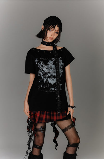Belt Off-shoulder Subculture T-shirt KIN0135