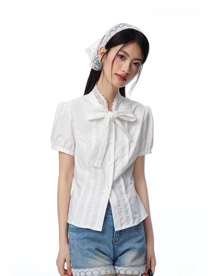 White Lace Bow Short-sleeved Shirt NTO0097