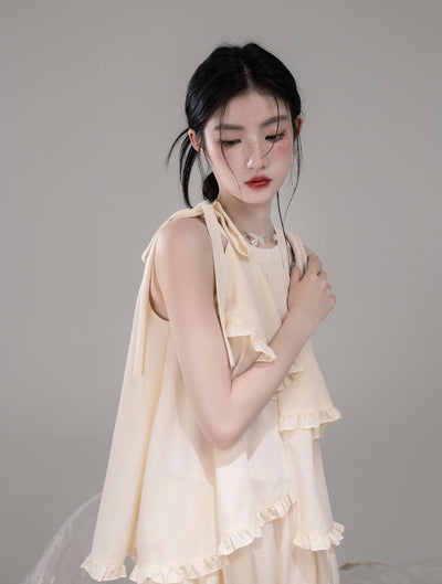 Irregular Halter Neck Ruffled Top/Pants COT0303