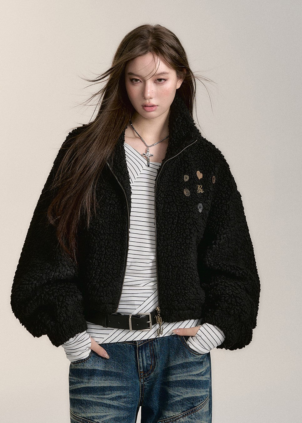 Teddy Bear Fur Button Decorated Short Jacket VIA0182