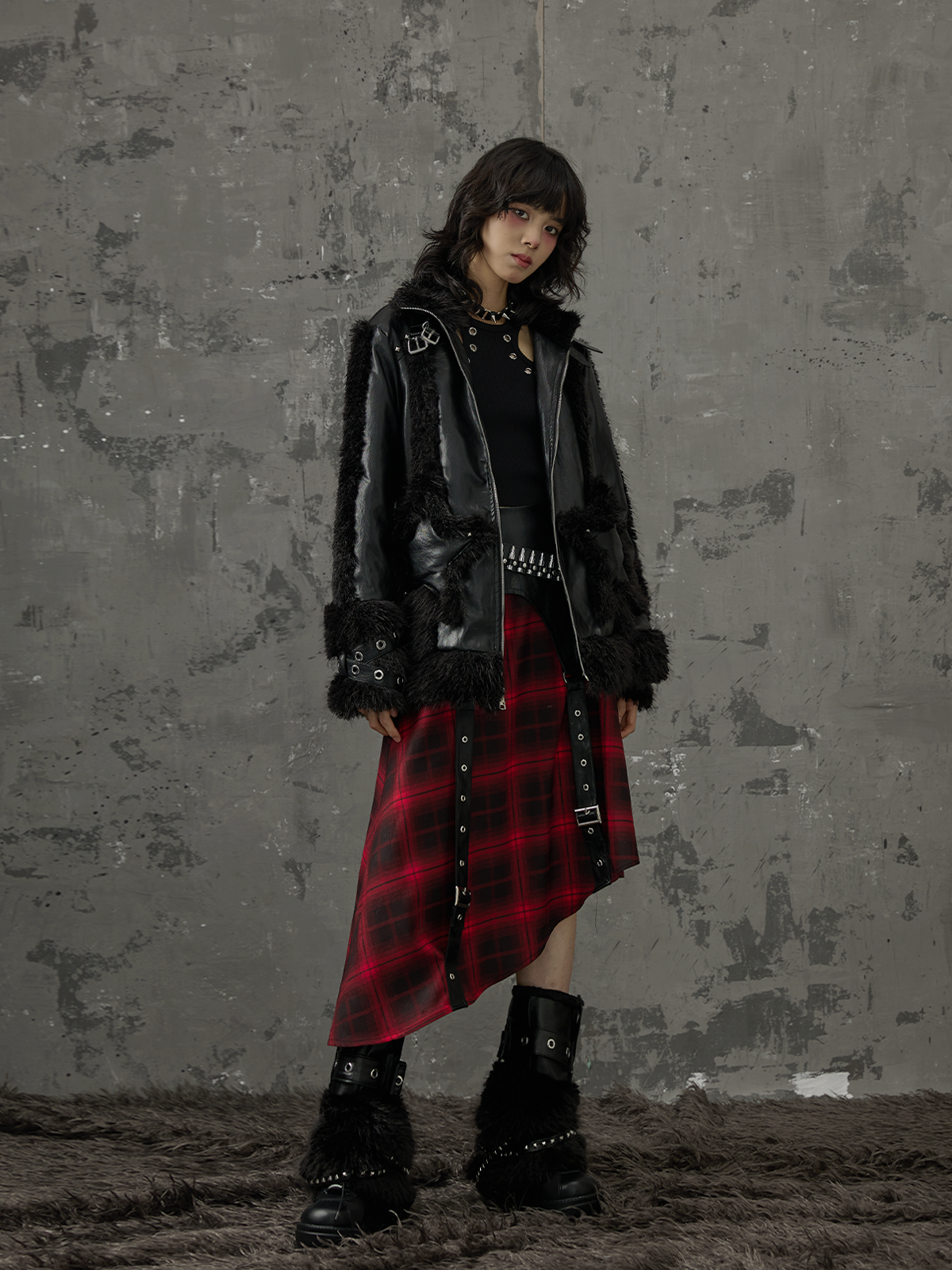 Punk Star Pocket Fur Patchwork Coat FRU0046