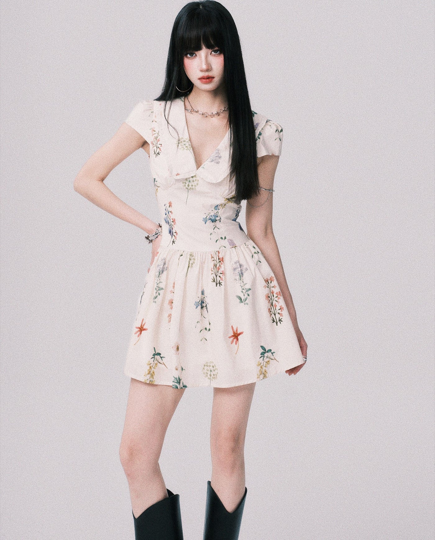 Plant Print French Doll Collar Dress LUL0157