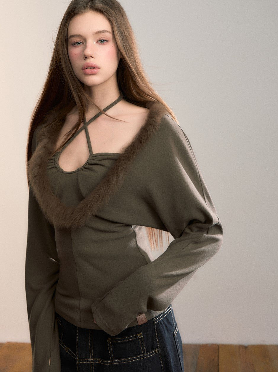 Faux Two-piece Fur Collar T-shirt VIA0359