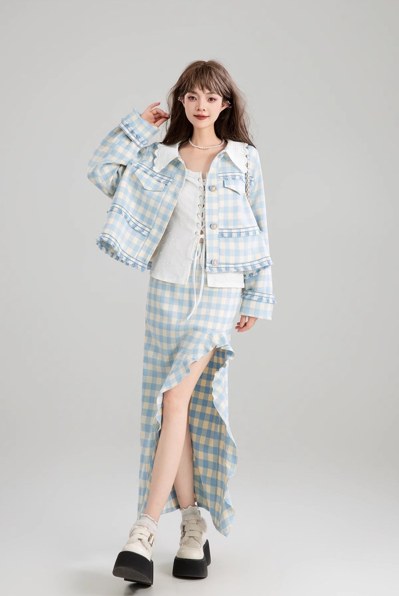 Blue And White Plaid French Short Jacket/Slit Skirt KEI0169