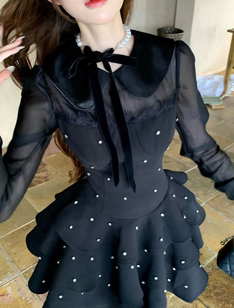 Black Satin Chiffon Long-sleeved Puffy Dress SIS0020