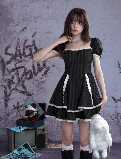 Black Striped Lace Cake Dress SAG0267