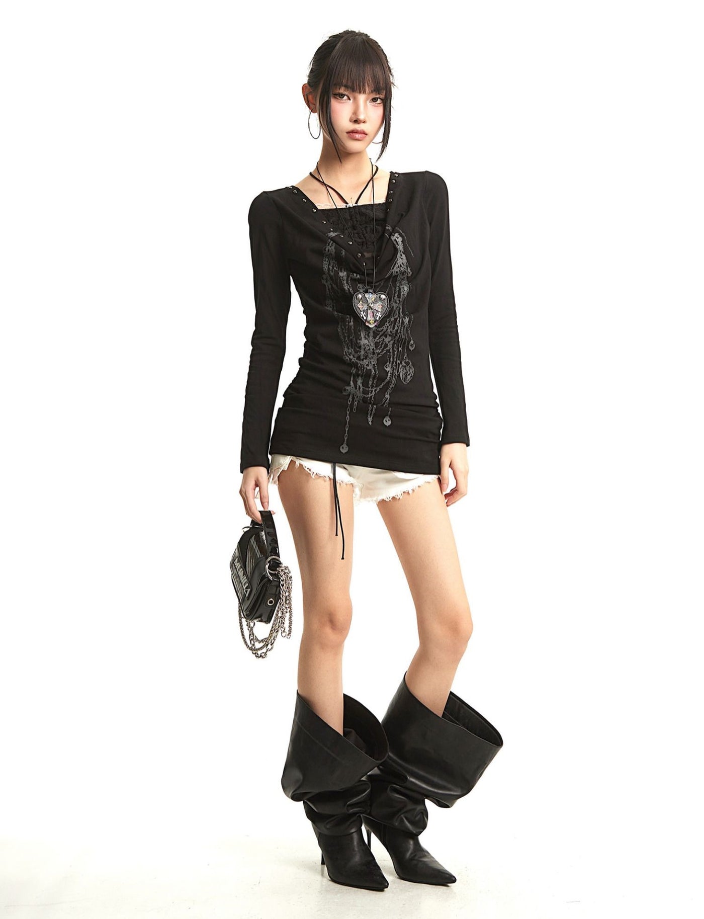 Fake Two-piece Lace Stitching Print T-shirt UNC0287