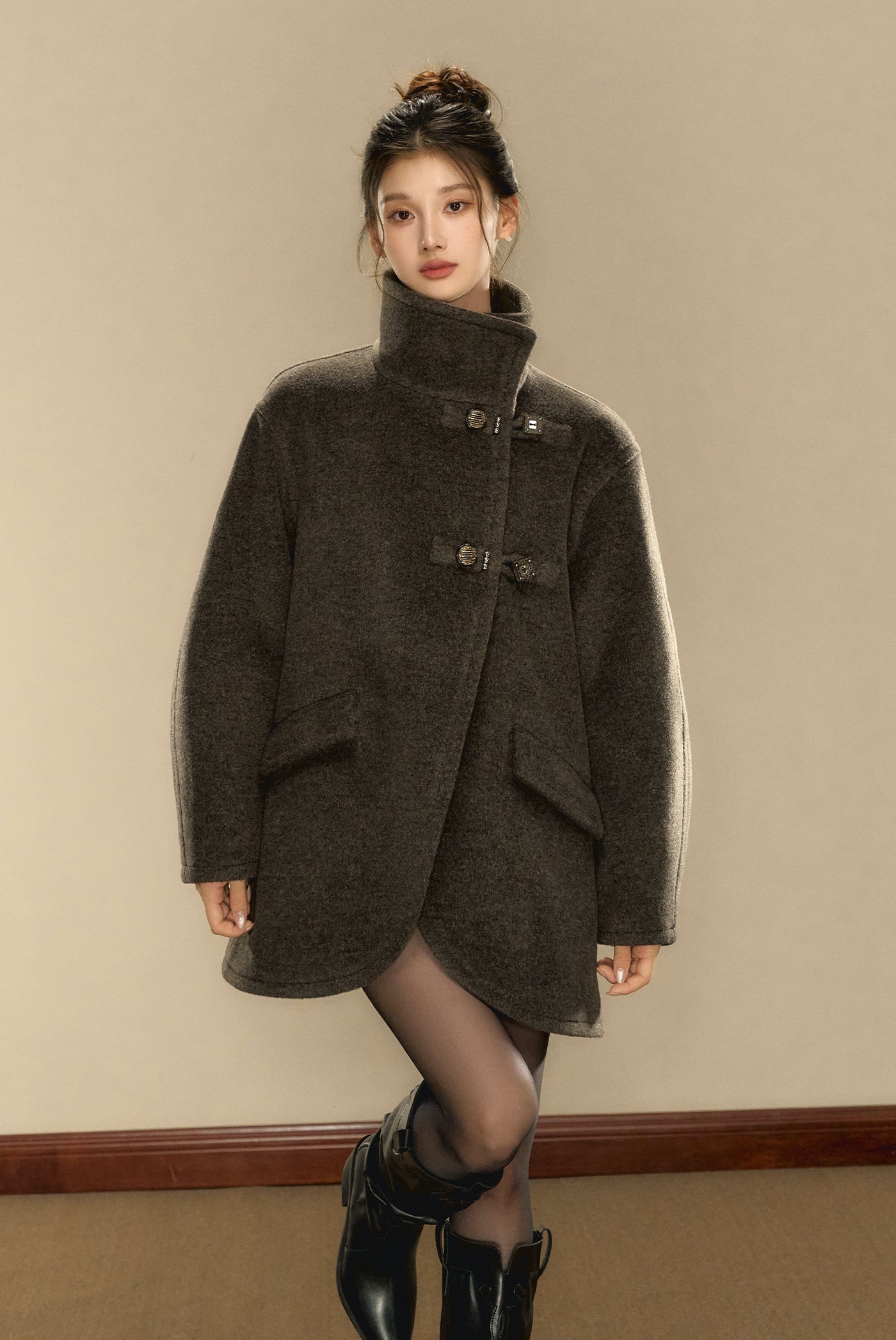 Rock Gray Tweed High Collar Tweed Coat OSH0100