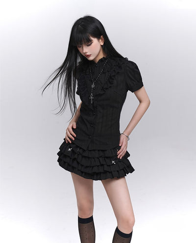 Black Short-sleeved Gothic Lace Shirt LAD0205