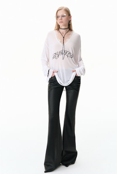 Loose V-neck Stitching Lace Long-sleeved Printed T-shirt BYW0028