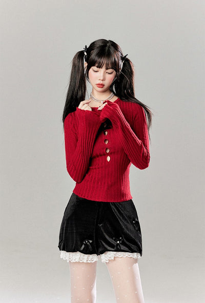 Hollow Long Sleeve Round Neck Bow Knitted Sweater/Skirt TBI0051