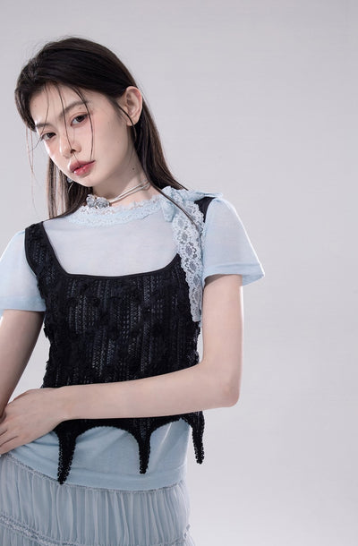 Clear Sky Lace T-shirt+Hollow Vest COT0257