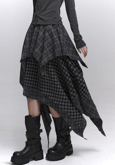 Irregular Hem Plaid Midi Skirt LAD0227
