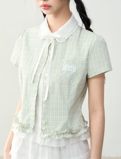 Doll Collar Fake Two-piece Plaid Shirt NTO0229