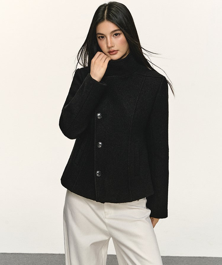 Double-Faced Stand Collar Black Short Coat ANA0076