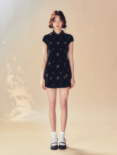 Black Embroidered Velvet Dress SUN0054