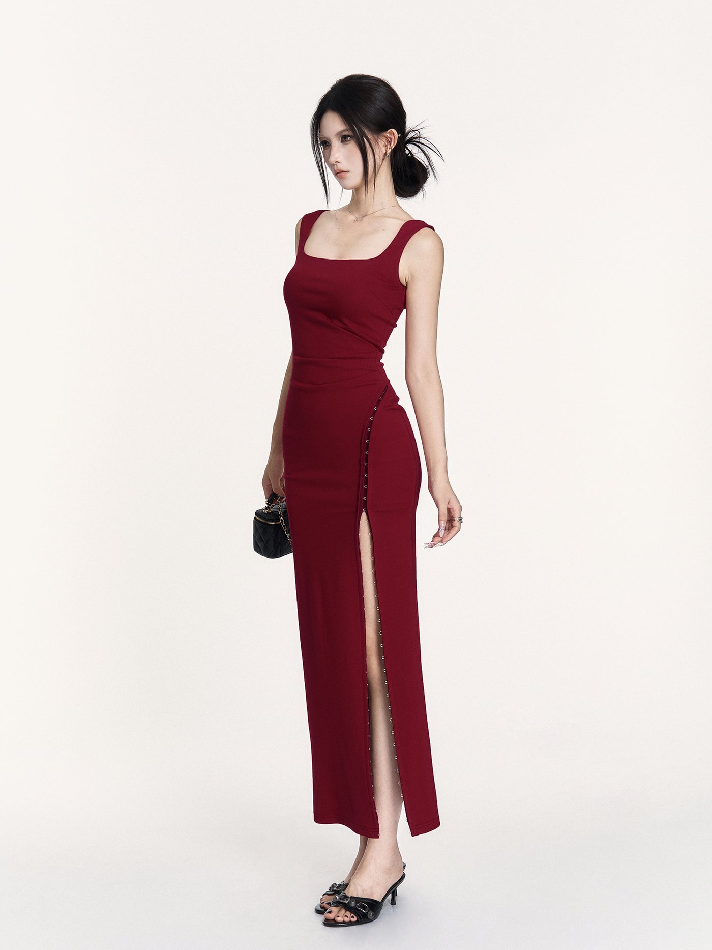 Red Waist Slit Square Collar Dress VOC0428