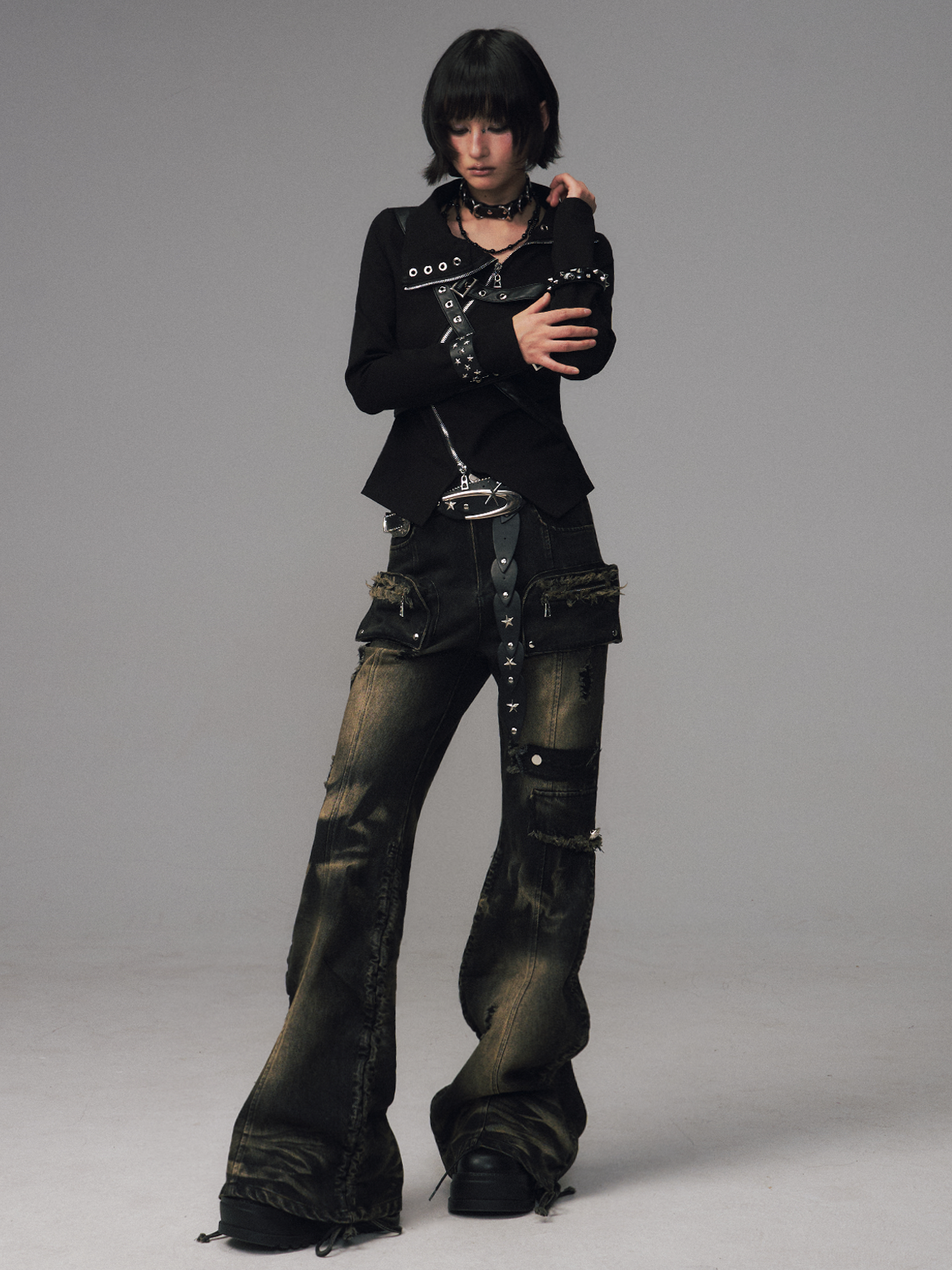 Punk Retro Pockets Slim Fit Flared Jeans FRU0131