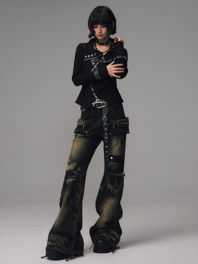 Punk Retro Pockets Slim Fit Flared Jeans FRU0131