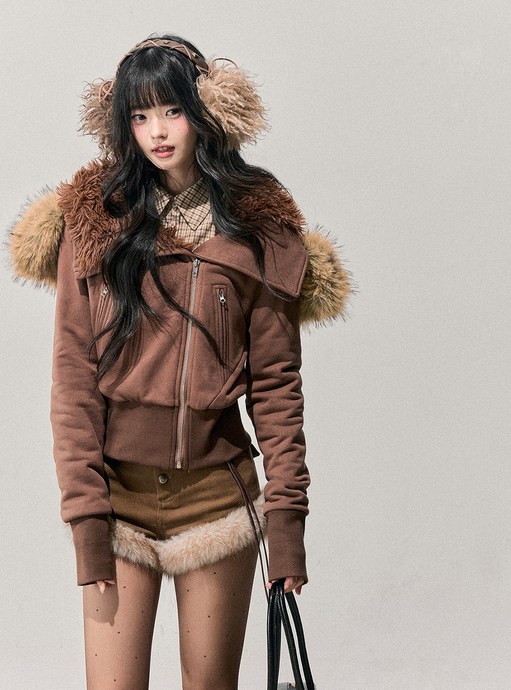 Brown Detachable Shearling Collar Jacket DIA0752