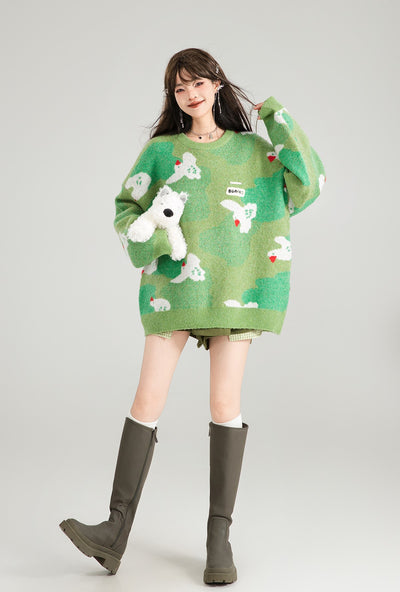 Chick Jacquard Lazy Style Green Sweater KEI0177