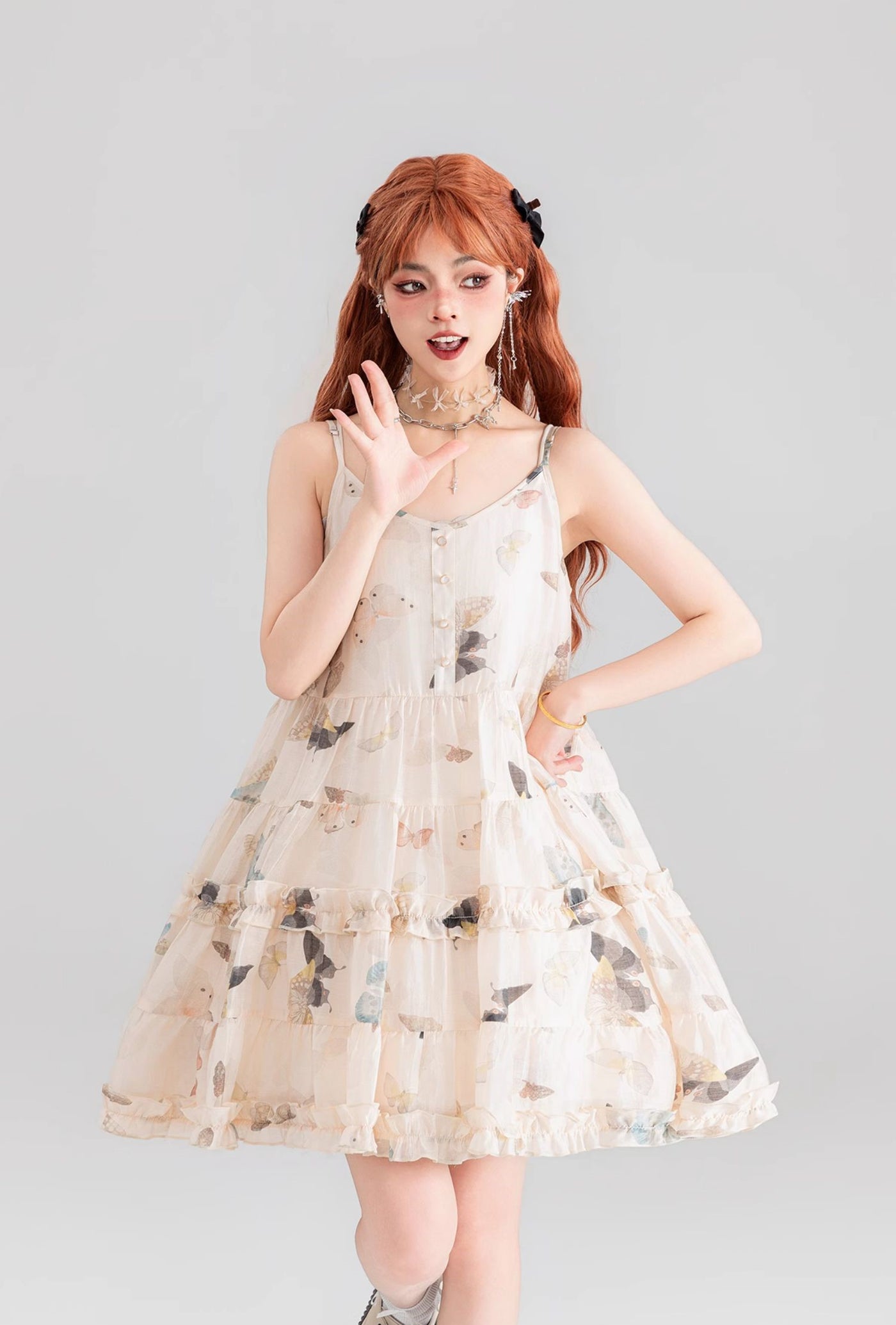 Butterfly Floral Pleated Lace Chiffon Suspender Dress KEI0054