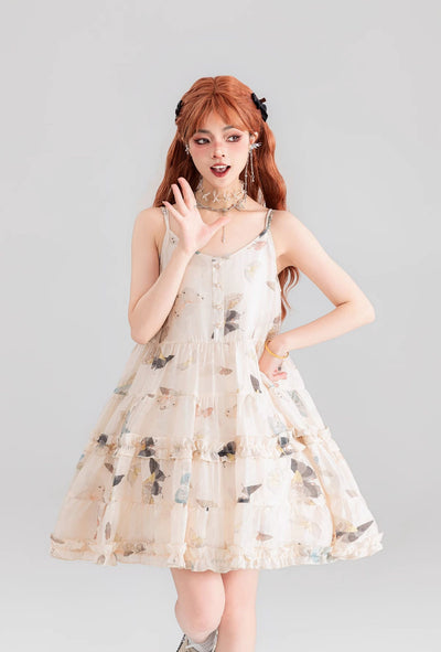 Butterfly Floral Pleated Lace Chiffon Suspender Dress KEI0054