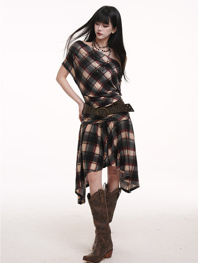 Off-shoulder Plaid Dress LAD0183