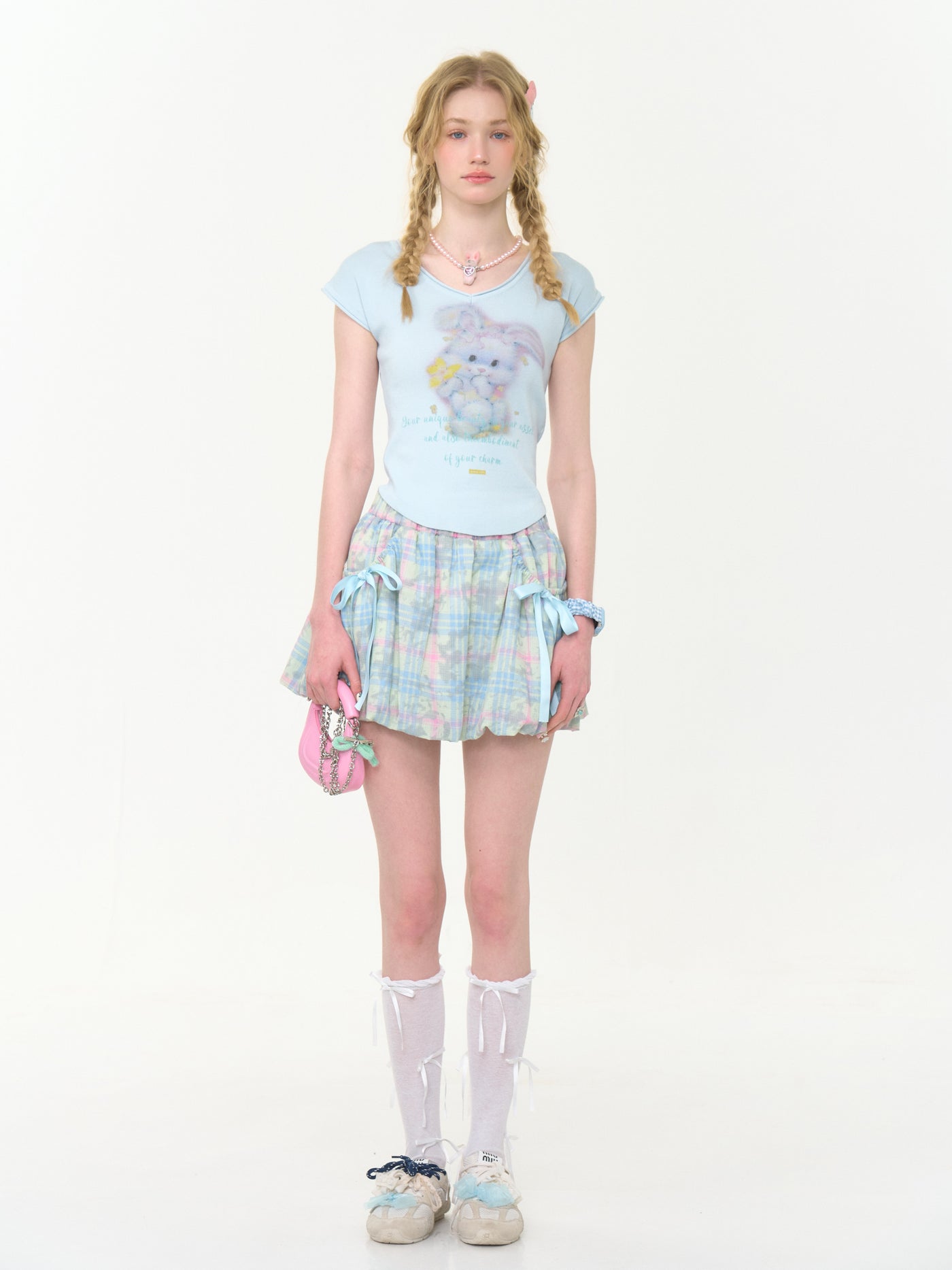 High Waist Blue Bow Plaid Skirt ZIZ0277