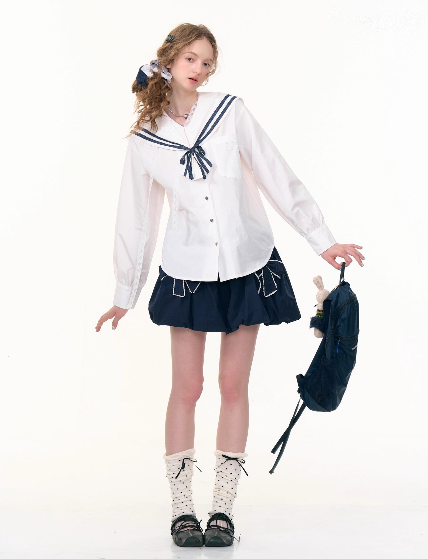 Navy Collar Lace Long-sleeved Shirt ZIZ0299