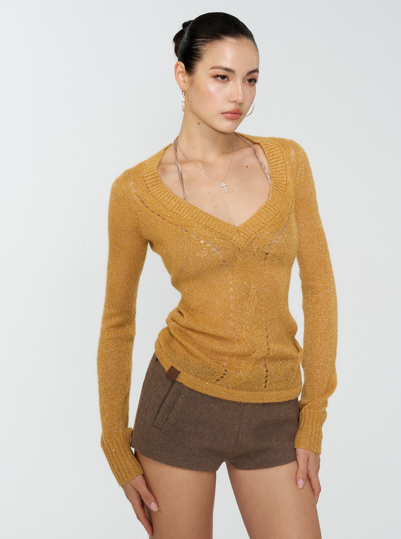 Slim Shimmering Cable Sweater 4MU0158