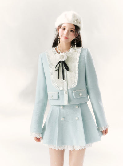 Blue and White Camellia Design Lace Jacket/Skirt BBB0103