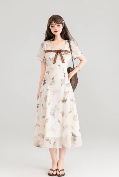 Butterfly Floral Neck Pleated Waist Slimming Long Dress KEI0111