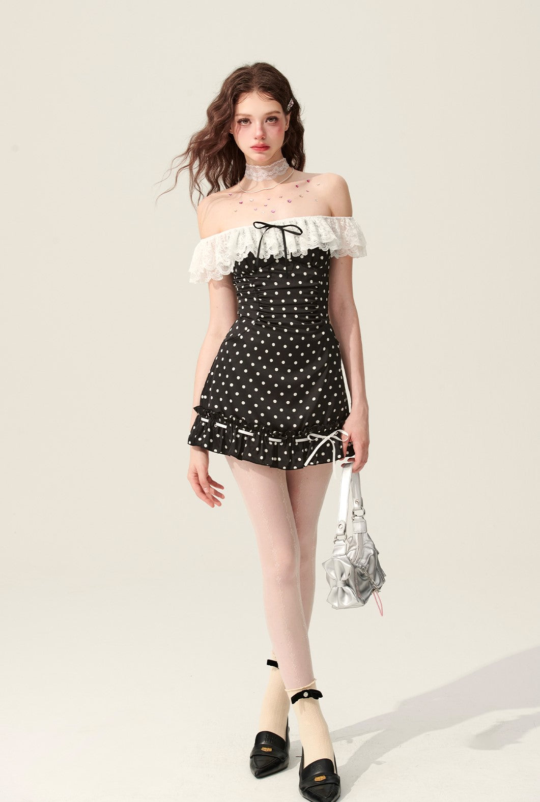 Black One-shoulder Polka Dot Dress DIA0176