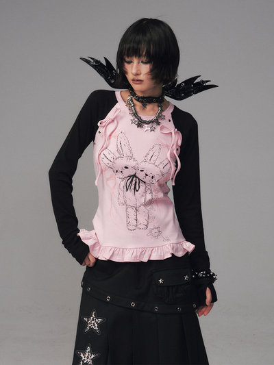 Bow Lace Print Raglan Long Sleeve T-Shirt FRU0126