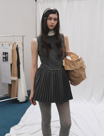 Layered Round Neck Pleated Vest Dress LAL0250