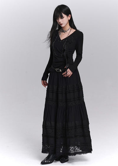 Stylish Rose Black Long-Sleeved Top LAD0236