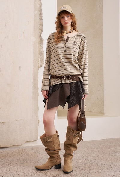 Brown Striped Loose Bird Embroidered T-shirt DID0221