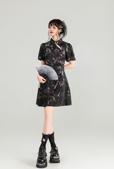 Chinese style Printed Slim Floral Short Dress KEI0142