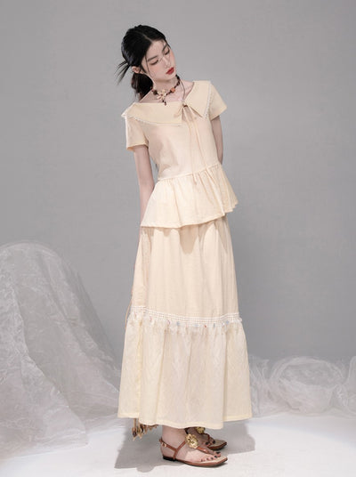 Cream Lapel Short Sleeve Top/Skirt COT0324
