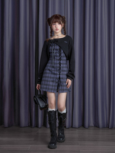 Blueberry Purple Checkered Dress/Black Short Cardigan SAG0193