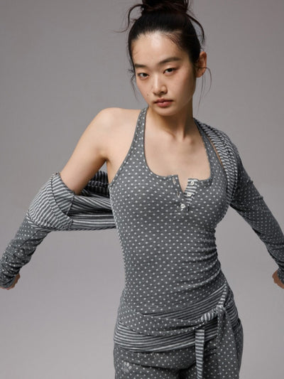 Polka Dot Striped Jumpsuit/Cardigan JIN0031