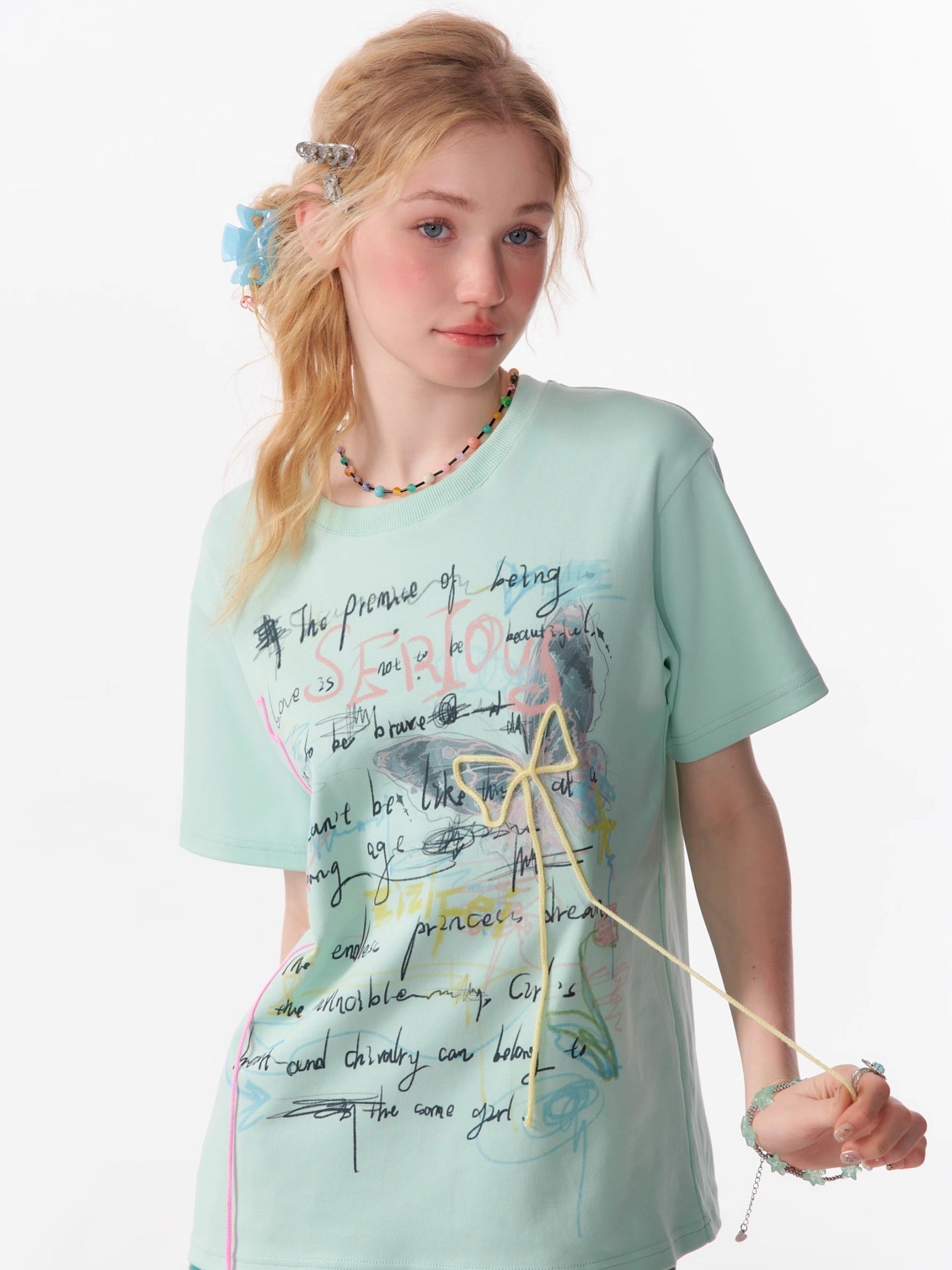 Graffiti Print Loose Bow Short-sleeved T-shirt ZIZ0108