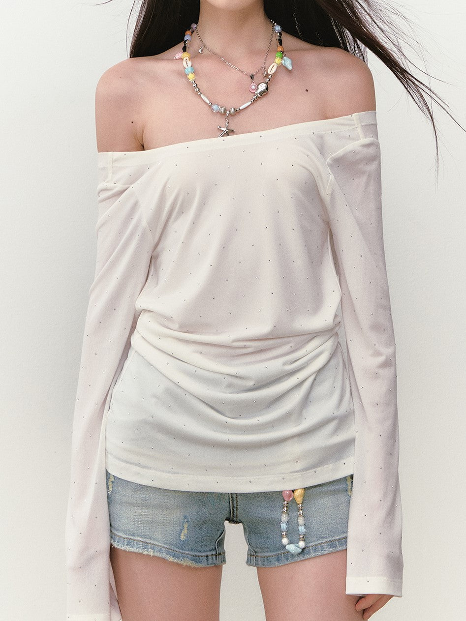 One-shoulder Backless Beaded T-shirt VIA0281