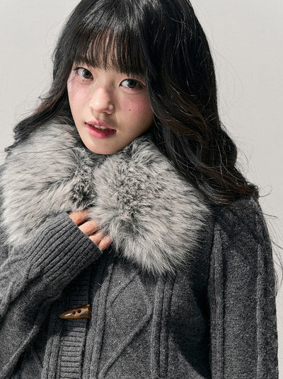 Fur collar Horn Button Cable Knit Cardigan DIA0759
